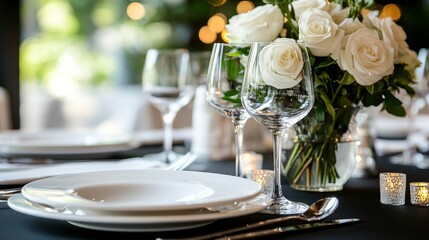 Exquisite table arrangement in a luxurious restaurant, with white plates, knives, and forks placed on a black tabletop, paired with elegant white roses, creating a sophisticated dining atmosphere