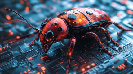 Cyber Bug  Red Ladybug on Circuit Board