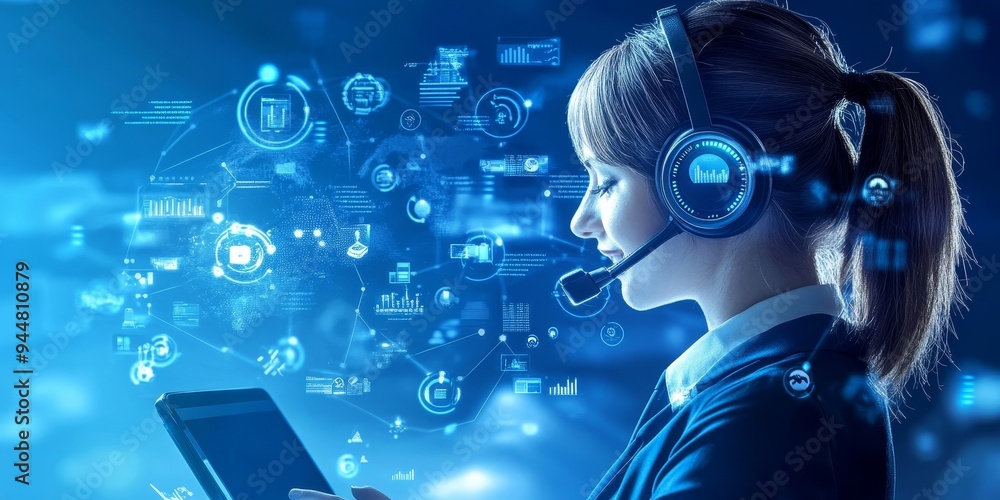Poster Comprehensive customer support service with agents using digital platforms and personalized attention to address client needs in a contemporary setting