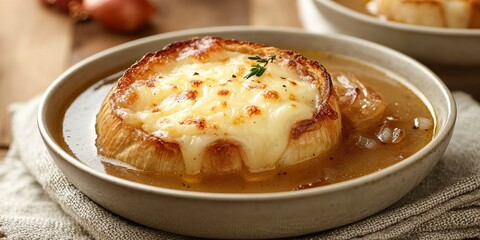 Delectable French Onion Soup with Caramelized Onions, Melted Cheese, and Crusty Bread, Served in a Rustic Bowl for Comfort and Flavor