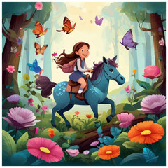 girl riding a horse and butterflies with forest background