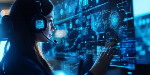 Naklejka premium Comprehensive customer support service with agents using digital platforms and personalized attention to address client needs in a contemporary setting