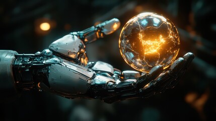 Robotic Hand Holding Glowing Sphere   Artificial Intelligence  Technology  Futuristic Design
