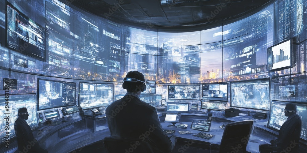 Poster dynamic business environment featuring a variety of tech tools like smart glasses and multi-screen s