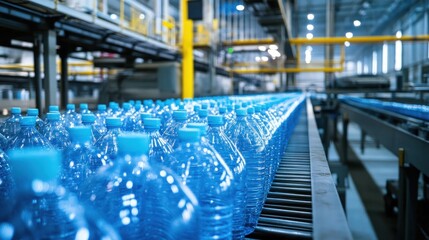 Naklejka premium PET bottles in a high-tech plastic processing plant, smoothly moving through the conveyor line during production