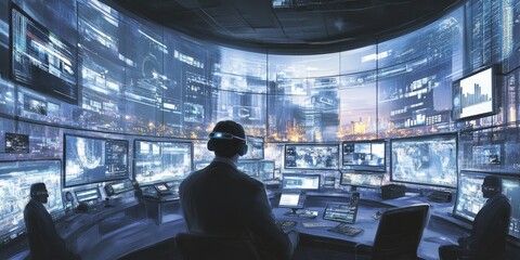 Dynamic business environment featuring a variety of tech tools like smart glasses and multi-screen setups for enhanced data analysis and collaboration