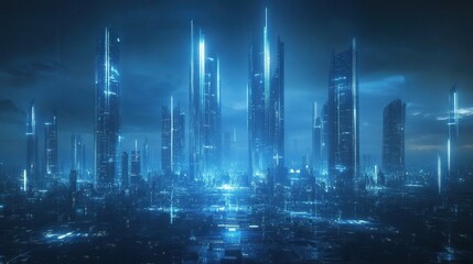 Obraz premium Futuristic Cityscape at Night with Glowing Towers