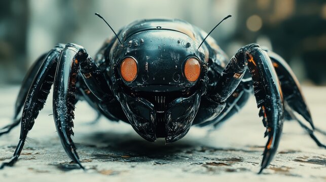 Closeup of a Futuristic Robotic Insect with Glowing Eyes