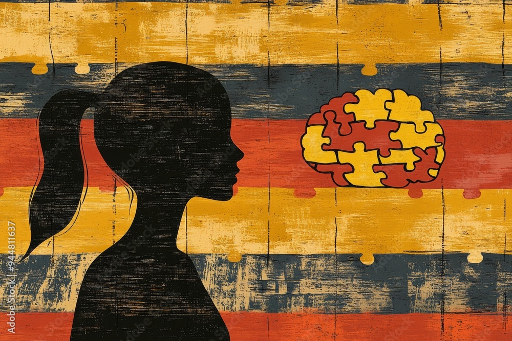 Poster silhouette of a girls head with puzzle piece overlay on a textured background representing identity 