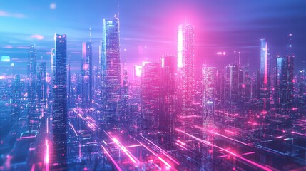 Obraz premium Neon Cityscape with Futuristic Glow and Vibrant Pink Lights