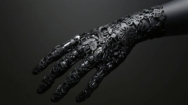 3D-printed prosthetic limb, intricate design, with flexible joints, under soft spotlight