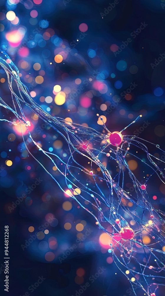 Poster ai neural connections, branching lines, glowing nodes, dark gradient background