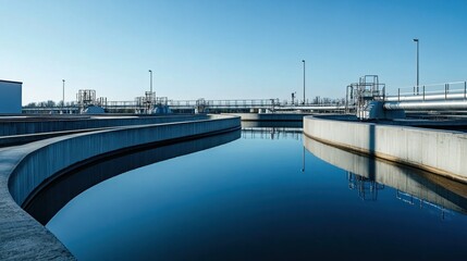 Series of sedimentation tanks at a wastewater treatment plant with clear blue sky in the background