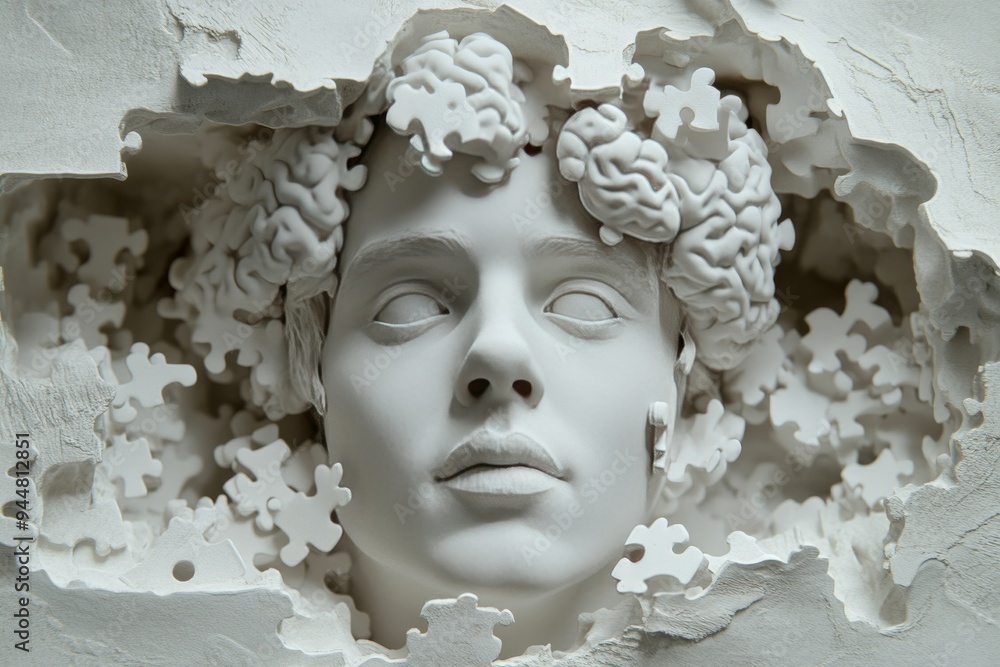 Poster stone sculpture of a womans head with puzzle pieces falling away representing memory loss identity a
