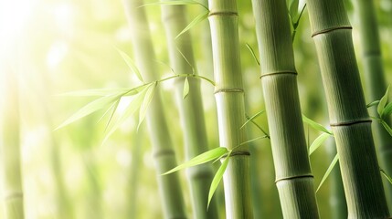 Bamboo grove, tall and green, sunlight filtering through, soft natural light