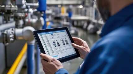 Technician using a tablet to assess oxygen levels in the water at a wastewater treatment facility