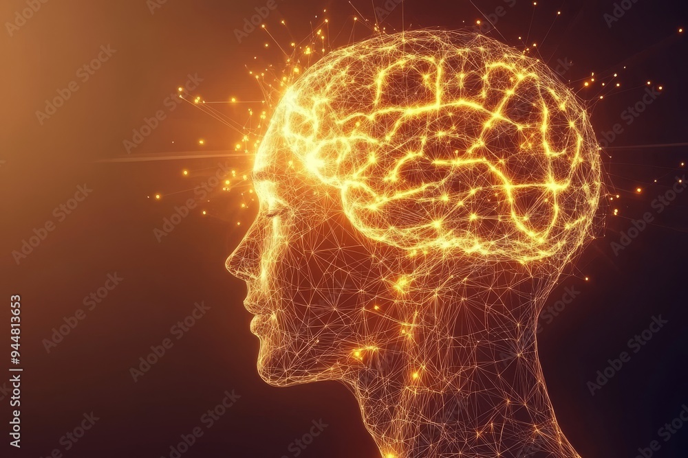 Poster glowing human brain composed of light particles representing cognitive enhancement intelligence and 