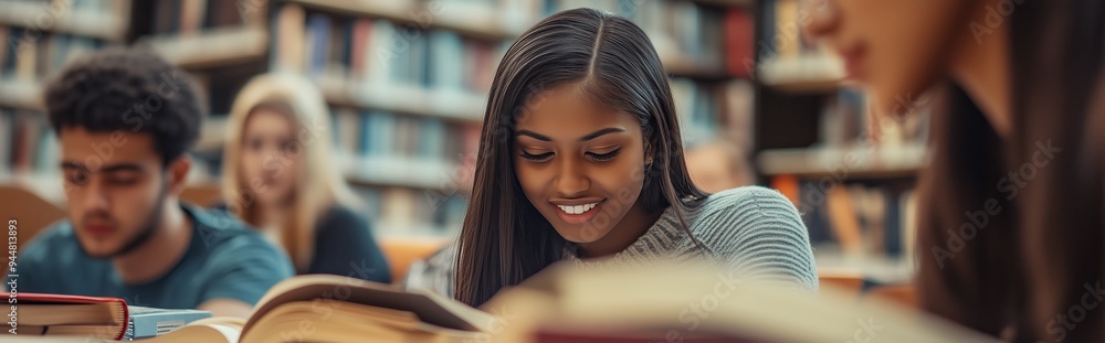 Poster students engaged in study and reading in a library during the afternoon with shelves filled with boo