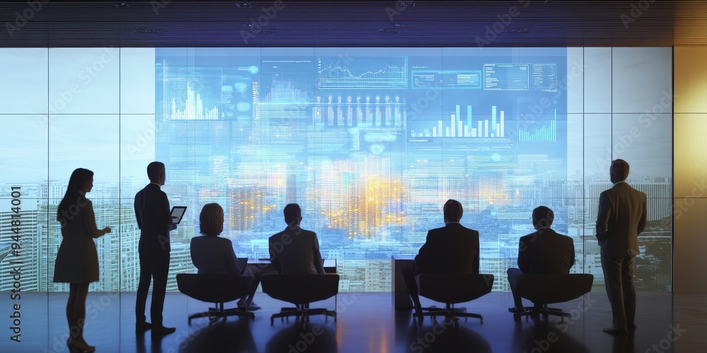 Aufkleber group of professionals watching a detailed business presentation with digital visuals and interactiv