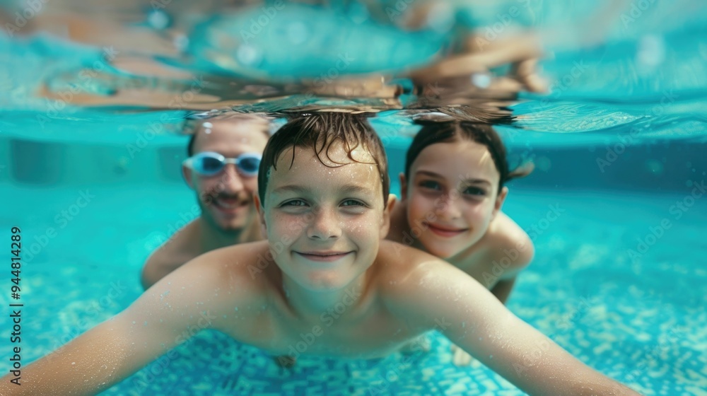 Poster synchronized family fun in the pool with coordinated moves and deep depth of field a joyful splashy 