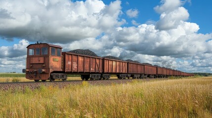 Fototapeta premium Coal train, filled with black coal, moving through a rural landscape, bright daylight