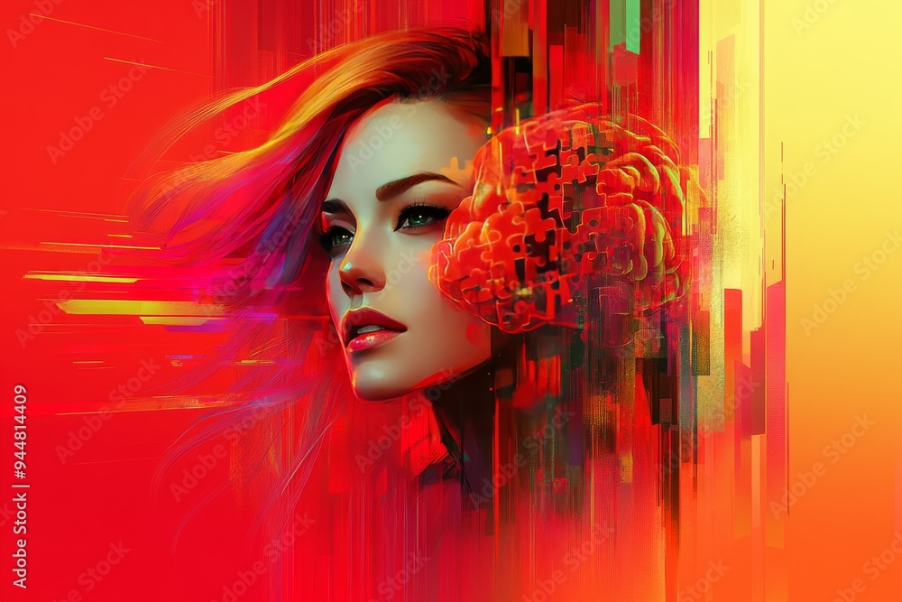 Poster colorful portrait of a woman with digital glitch effect representing the fragmentation of identity m