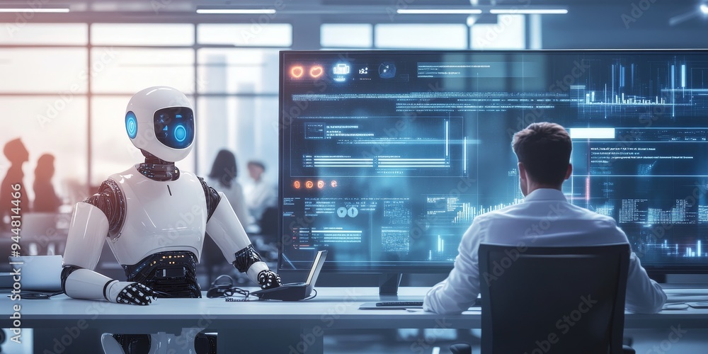 Aufkleber Professionals in a contemporary office environment using digital solutions like AI-driven chatbots and automation software to improve efficiency