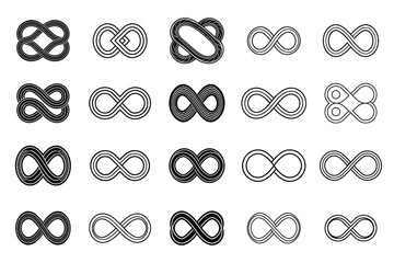 This collection of vector illustrations features infinity symbols, symbolizing endlessness, un-limitedness, and eternity, ideal for branding, website design, and graphic art projects.