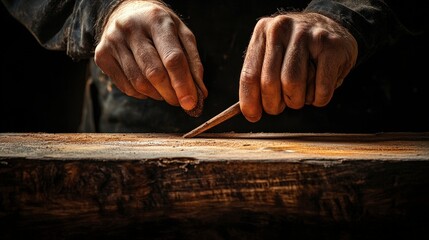 Craftsmanâ€™s hand chiseling wood, precise motion, focused workshop light
