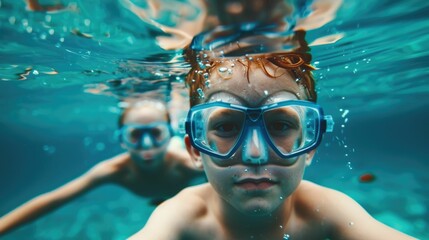 Naklejka premium A delightful scene of children swimming and diving underwater playing games and exploring the refreshing blue waters with a sense of unbridled joy and adventure
