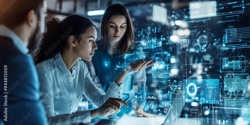 Poster Professionals in a contemporary office environment using digital solutions like AI-driven chatbots and automation software to improve efficiency