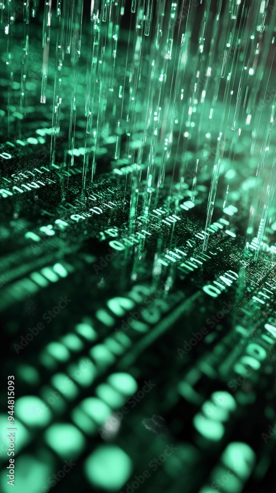 Poster data stream, flowing binary code, digital rain effect, green monochrome