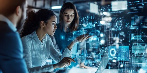 Professionals in a contemporary office environment using digital solutions like AI-driven chatbots and automation software to improve efficiency