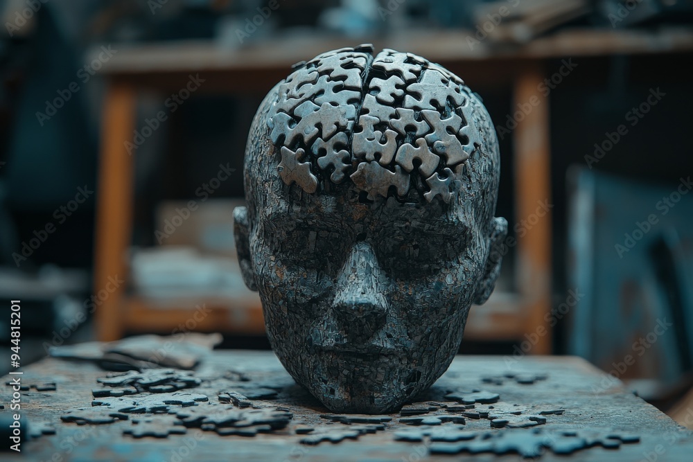 Poster stone skull covered in puzzle pieces representing the complexity of human thought memory and the fra