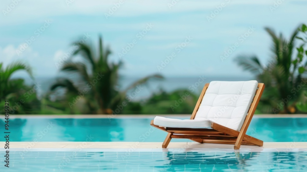 Poster serene poolside scene with chaise lounge and stacks of books and magazines in a lush tropical settin