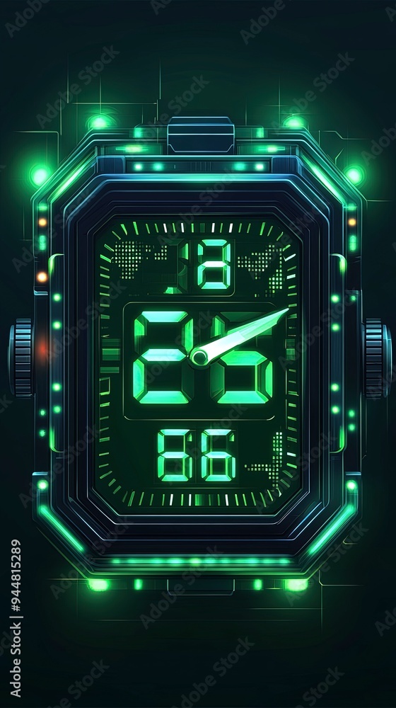 Poster digital clock interface, minimalistic design, glowing digits, soft light