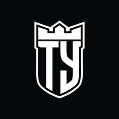 TY Logo shield shape with geometric crown inside white outline on black background template design