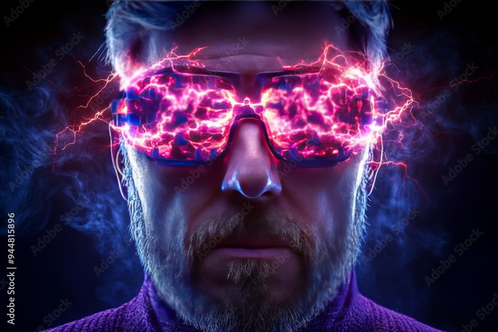 Poster man wearing futuristic glasses with digital brain overlay representing the future of cognitive enhan