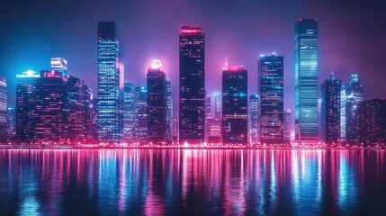 Fototapeta premium Neon City Skyline Reflection in Water