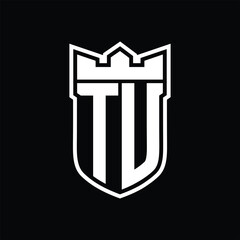 TU Logo shield shape with geometric crown inside white outline on black background template design