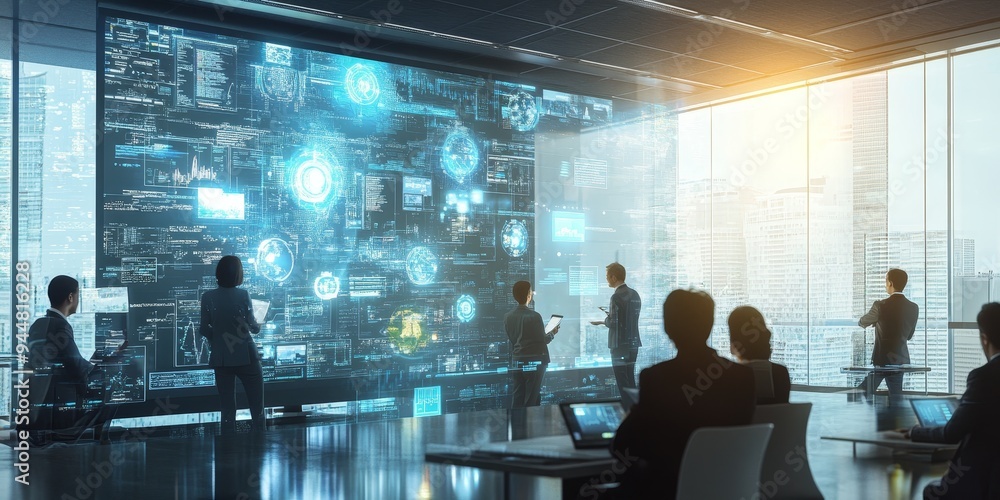Poster high-tech business environment where digital solutions such as virtual collaboration platforms and c