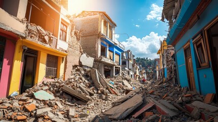 Earthquake aftershocks, crumbling buildings, and shaking ground, under bright sunlight