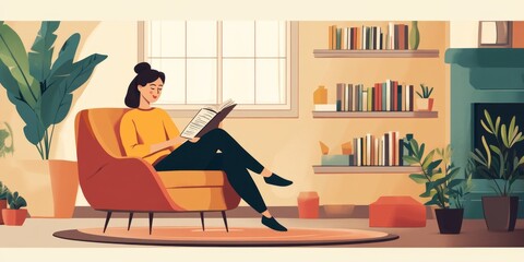 Fototapeta premium Professional enjoying personal time at a cozy home lounge reading a book after work a perfect work-life balance
