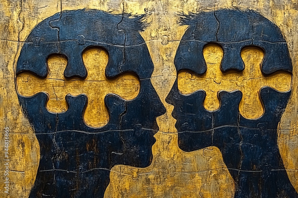 Poster two silhouettes facing each other with puzzle pieces missing representing communication connection a