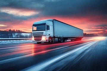 Freight Truck on Highway During Vibrant Winter Sunset