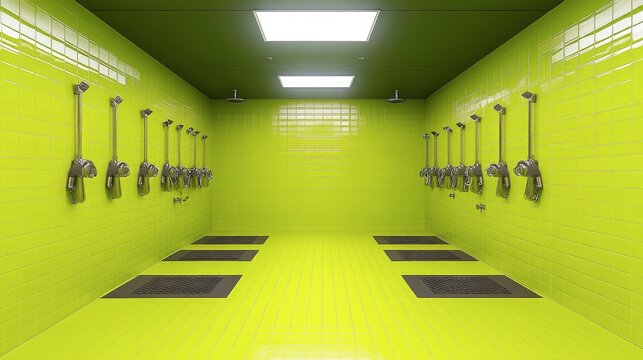 Emergency decontamination room, showers, and protective gear, under bright light