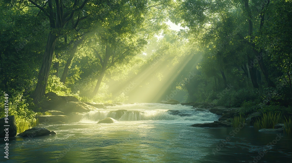 Poster sunbeams through trees over forest stream with waterfall