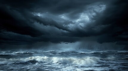 Obraz premium Flash flood, rushing water, sweeping away everything in its path, under dark skies