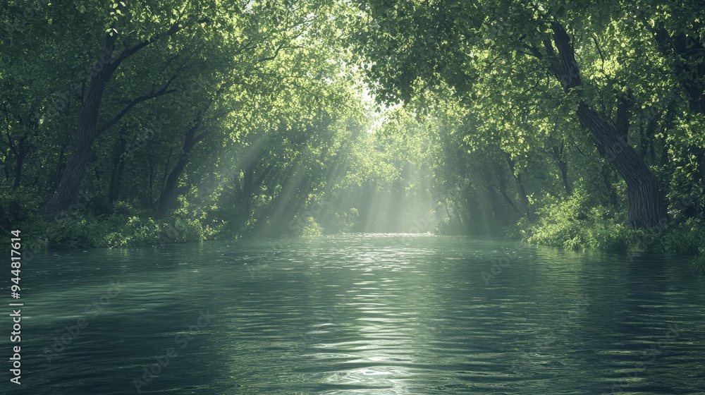 Poster sunlight rays through trees over flooded forest path