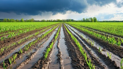 Obraz premium Flooded farmland, submerged crops and fields, with dark clouds overhead